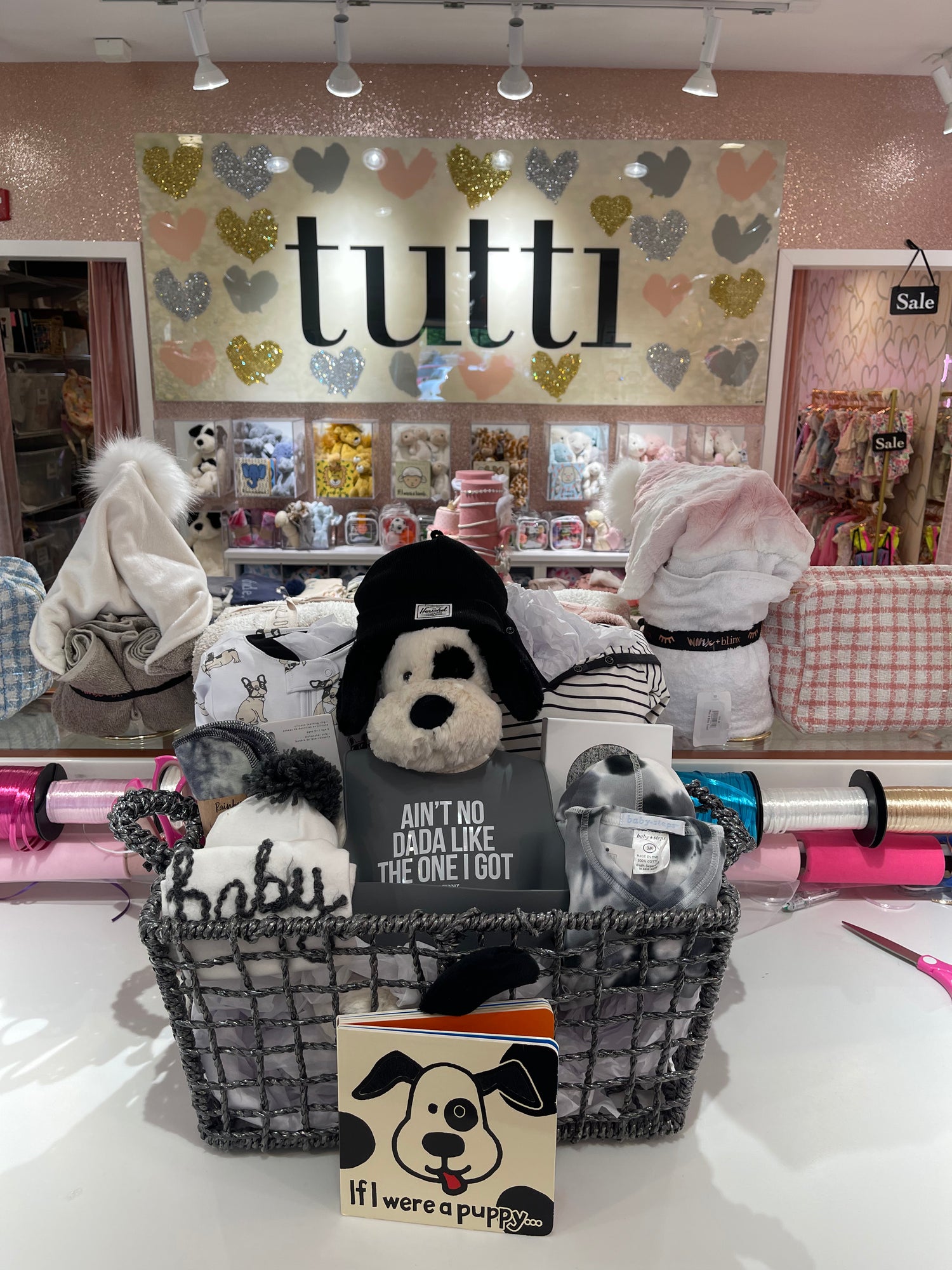 Custom Basket- Puppy Black Grey White Basket