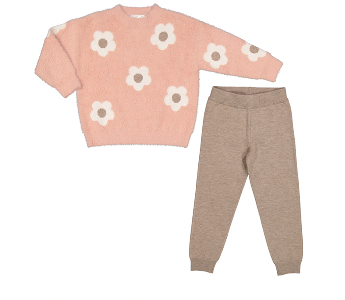 Flower Sweater With Nude Knit Pant Set
