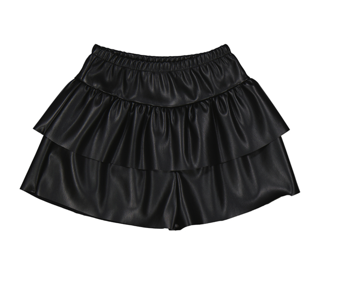 Black Leather Ruffled Shorts